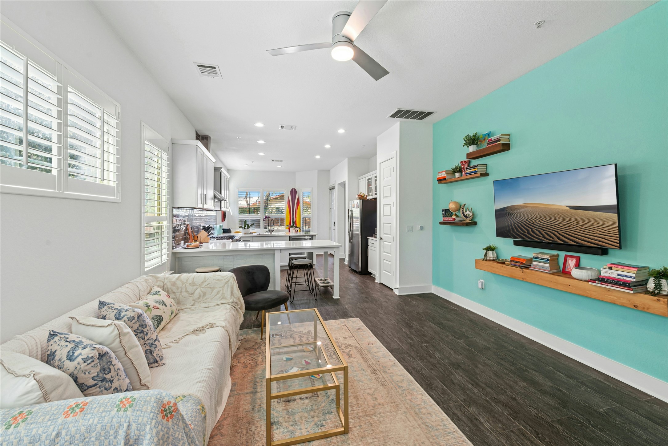 404 West Alpine Road, Unit 17 Austin, TX 78704 - Photo 18 of 35 Living room featuring dark wood-type flooring, ceiling fan, and recessed lighting