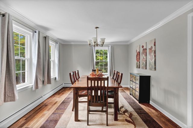 a view of a dining room with furniture window and wooden floor