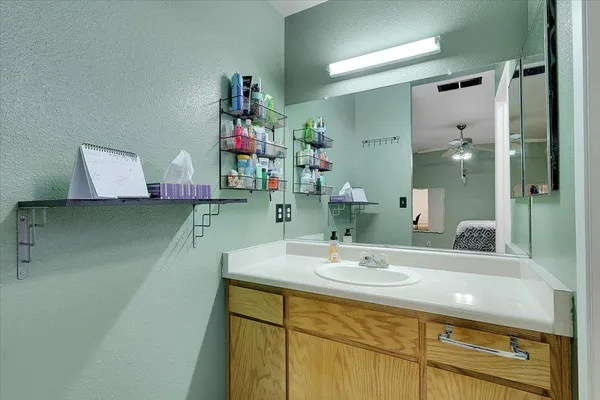 a bathroom with a sink and a mirror