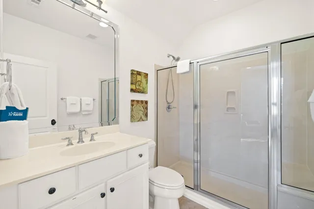 a bathroom with a shower sink vanity mirror and toilet