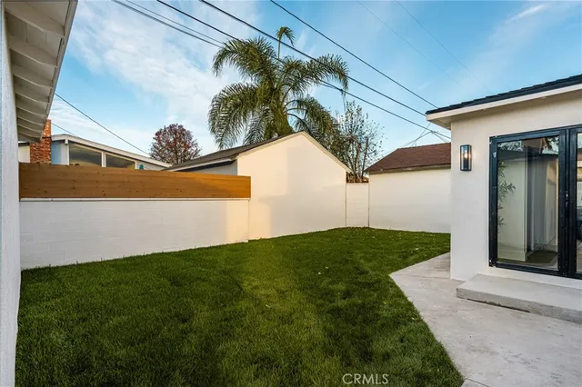 a view of a backyard with plants and large tree