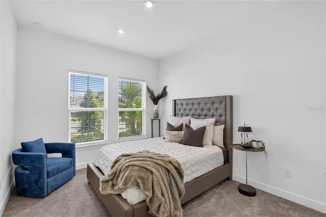 a bedroom with a bed and a closet