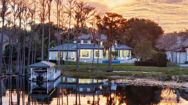 an aerial view of residential houses with outdoor space and trees