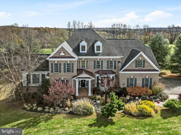 a aerial view of a house with a yard and potted plants