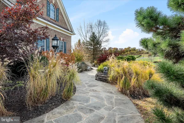 a view of a pathway with a flower garden