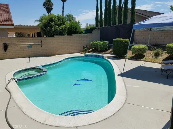 a view of a swimming pool with a yard