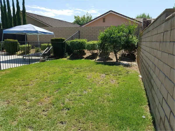 a garden view with a seating space