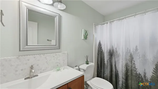 a bathroom with a sink a toilet and shower curtain