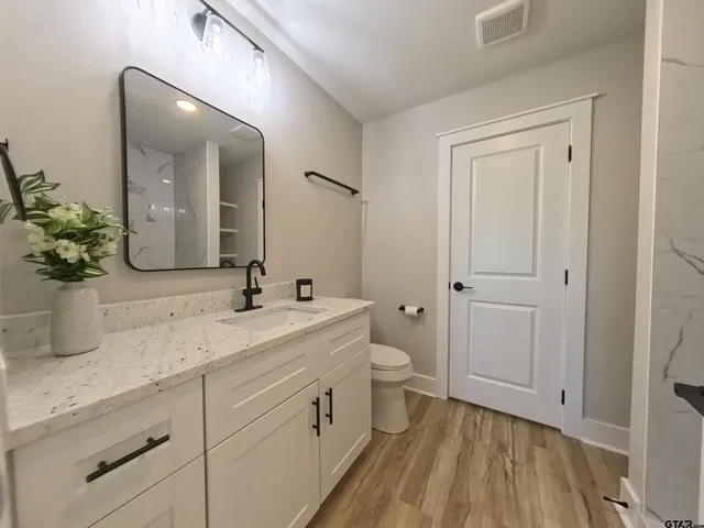 a bathroom with a toilet a sink and mirror