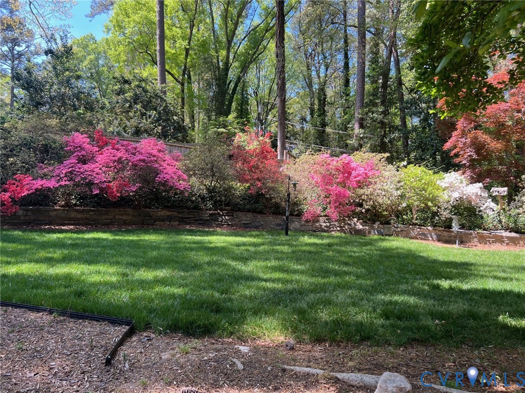a view of yard with swimming pool and green space