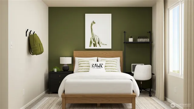 a bedroom with a bed and a painting on the wall