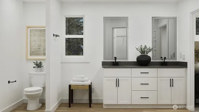 a bathroom with a toilet a sink and mirror