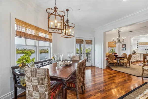 a view of a dining room with furniture a potted plant and wooden floor