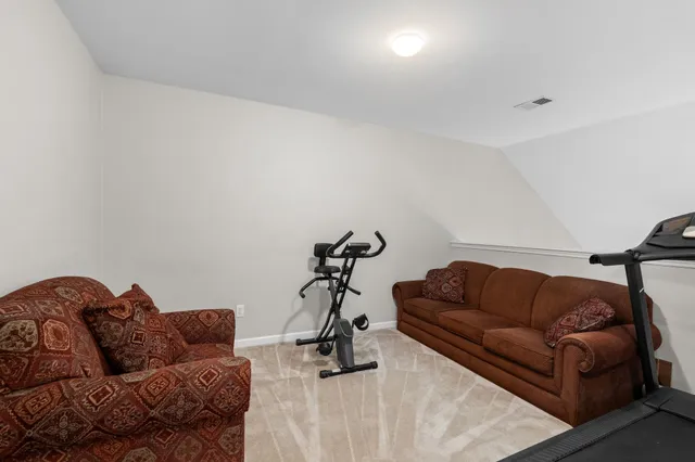 a living room with furniture a couch and a potted plant on it