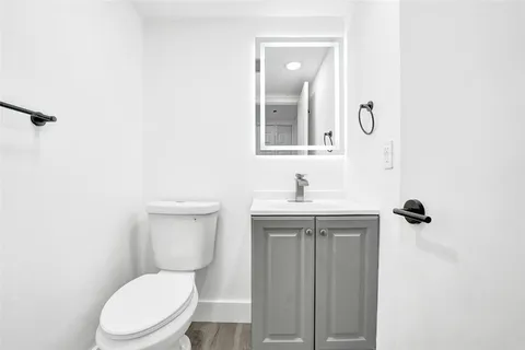 a bathroom with a toilet a sink and mirror