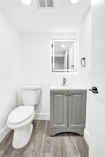 a bathroom with a toilet a sink and mirror