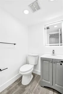 a bathroom with a sink a toilet and mirror