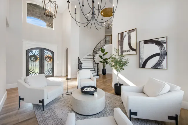 a living room with furniture and a potted plant