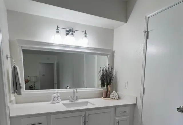 a bathroom with a sink and a mirror