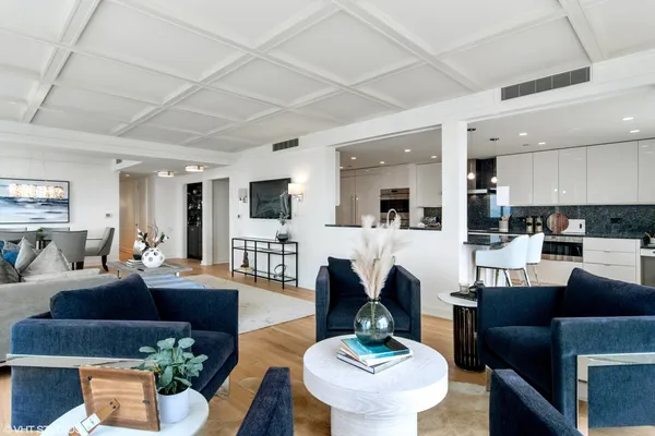 a living room with furniture potted plant and kitchen view
