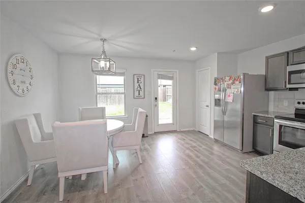 a view of a kitchen and dining room
