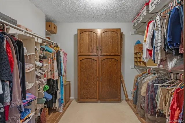 a view of walk in closet with clothes