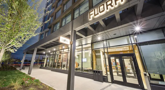 a view of a building from a porch