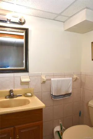 a bathroom with a sink a toilet and a mirror