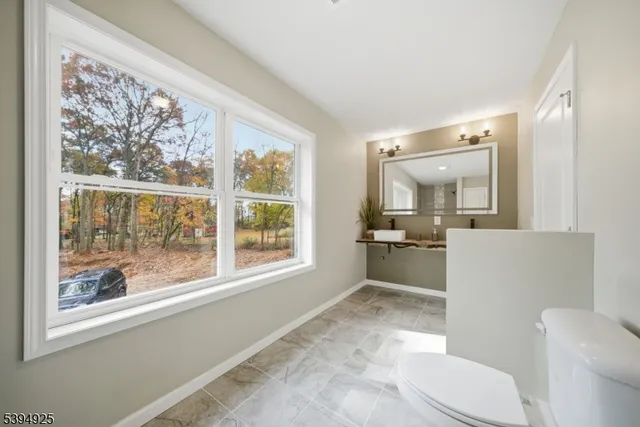 a bathroom with a sink mirror vanity and toilet