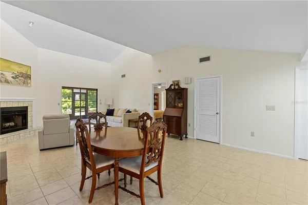 a view of a dining room with furniture