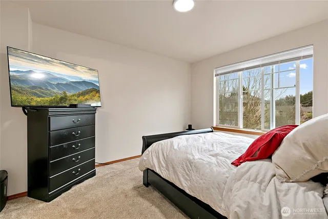 a bedroom with a bed and a flat screen tv
