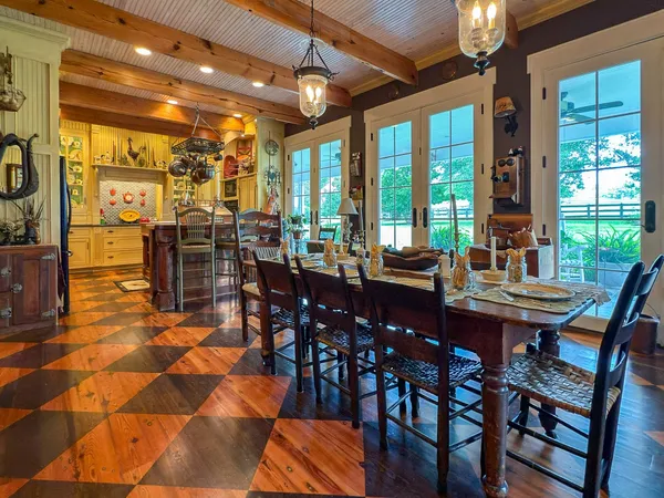 a room with musical instruments and wooden floor