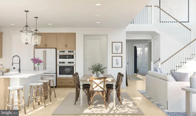 a view of a dining room with furniture