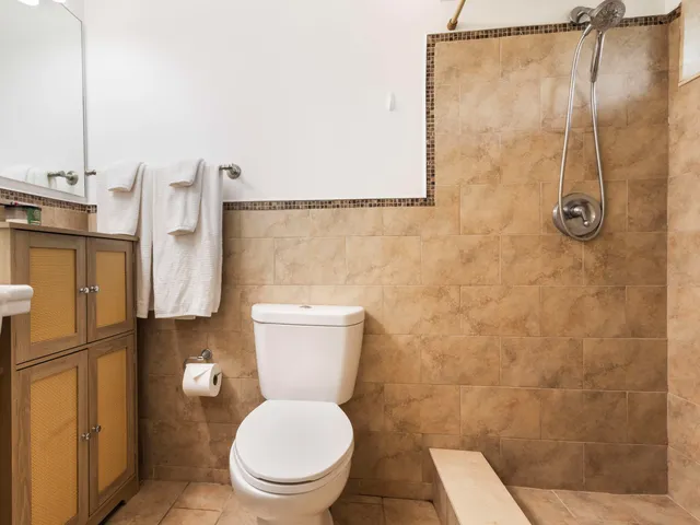 a bathroom with a toilet and a shower