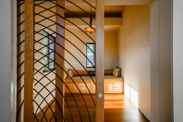 a view of a staircase and door