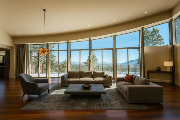 a living room with furniture and a floor to ceiling window