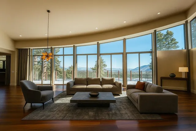 a living room with furniture and a floor to ceiling window
