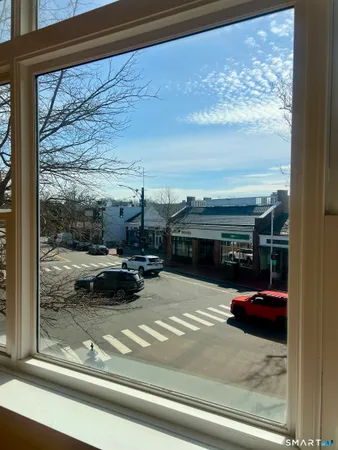 a view of swimming pool from a window