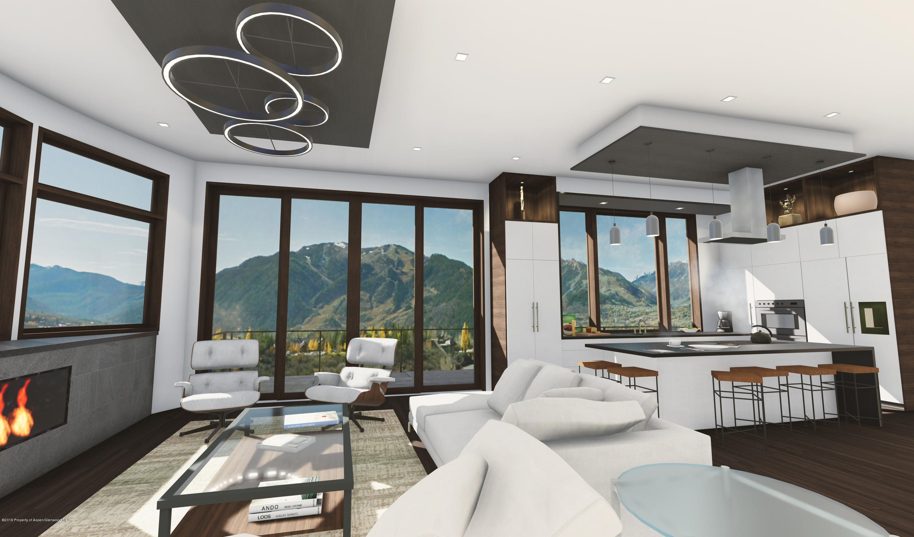 a living room with furniture and a floor to ceiling window