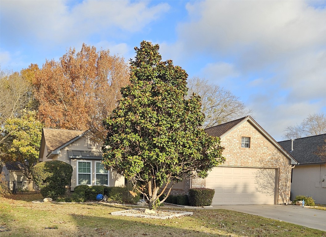 120 Bass Street offers a central Sun City Texas location, highlighted by a mature magnolia tree anchoring the front yard and a setting tucked away from busy thoroughfares for added privacy.