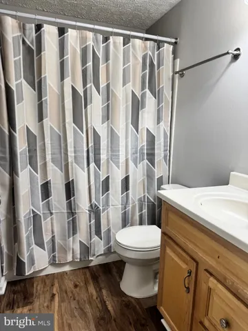 a bathroom with a toilet and a shower curtain