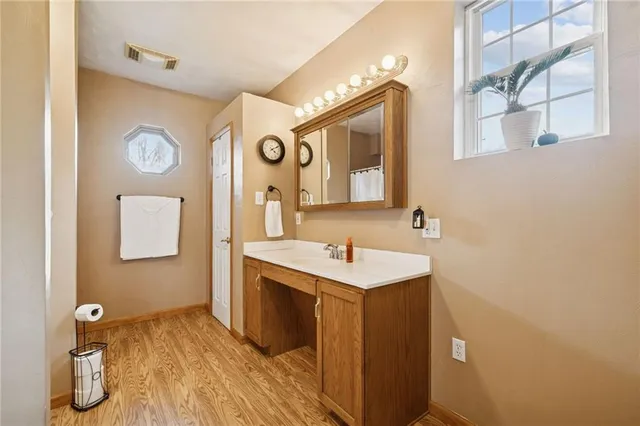 a bathroom with a sink and a mirror