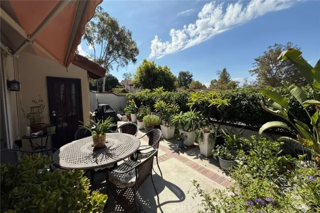 a view of a backyard with plants and patio