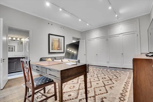 a view of a dining room with furniture