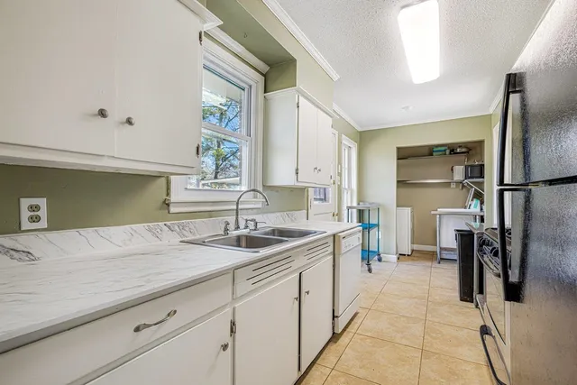 a kitchen with a sink refrigerator and cabinets
