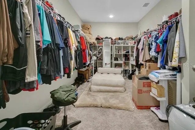 a view of walk in closet with clothes and shoes