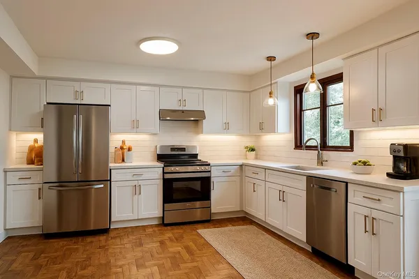 a kitchen with stainless steel appliances a stove a sink and a refrigerator