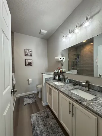 a bathroom with a granite countertop sink a toilet a mirror and vanity