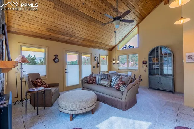 a living room with furniture a couch and a chandelier
