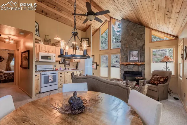 a living room with stainless steel appliances furniture a fireplace and a chandelier